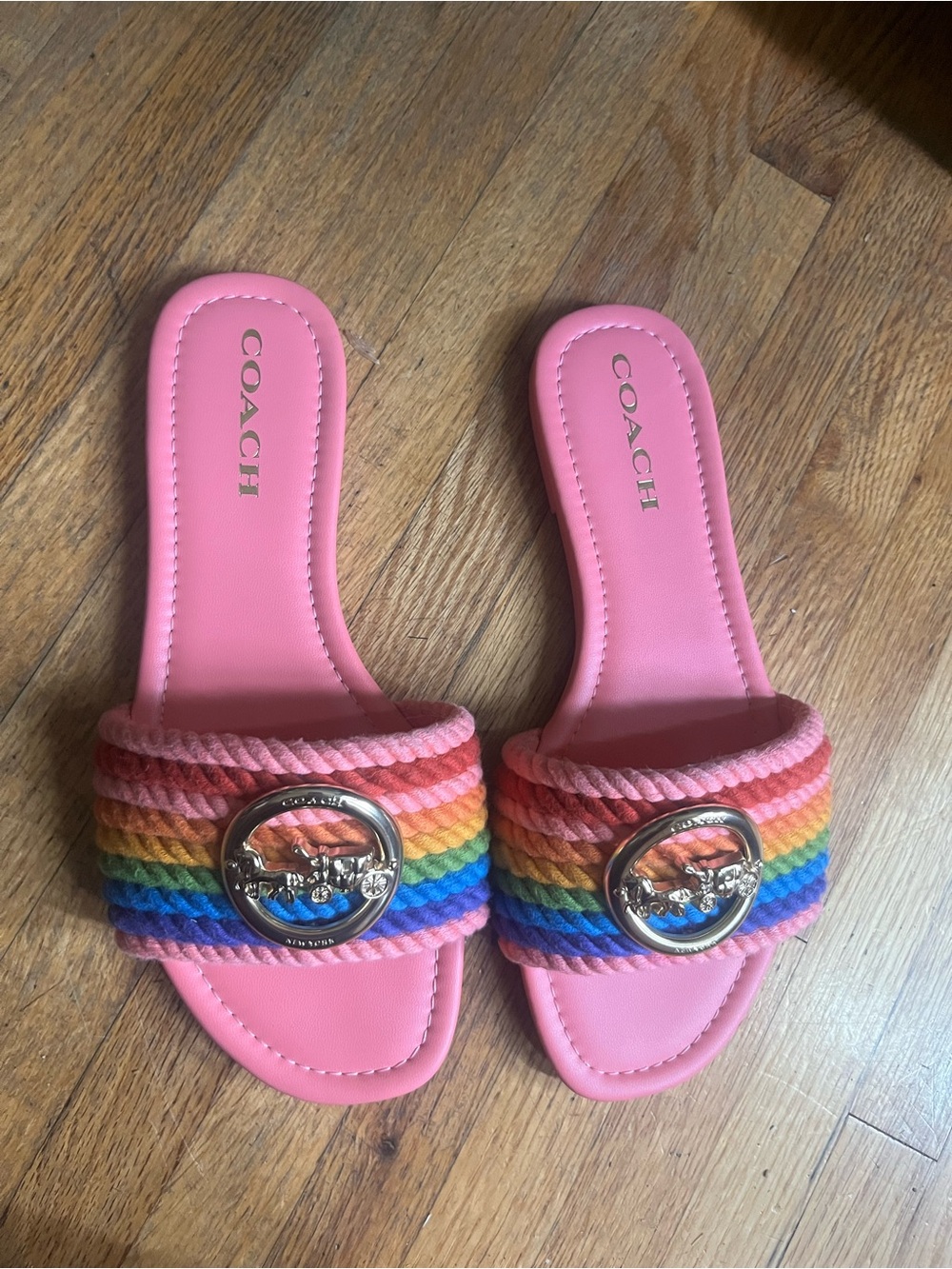 Coach Pink Slide Sandals with Rainbow Rope Straps